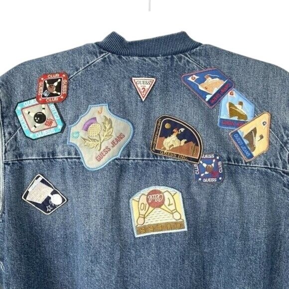 GUESS Originals Size M Asymmetric Denim Patchwork Bomber Jacket Jean - Picture 9 of 13